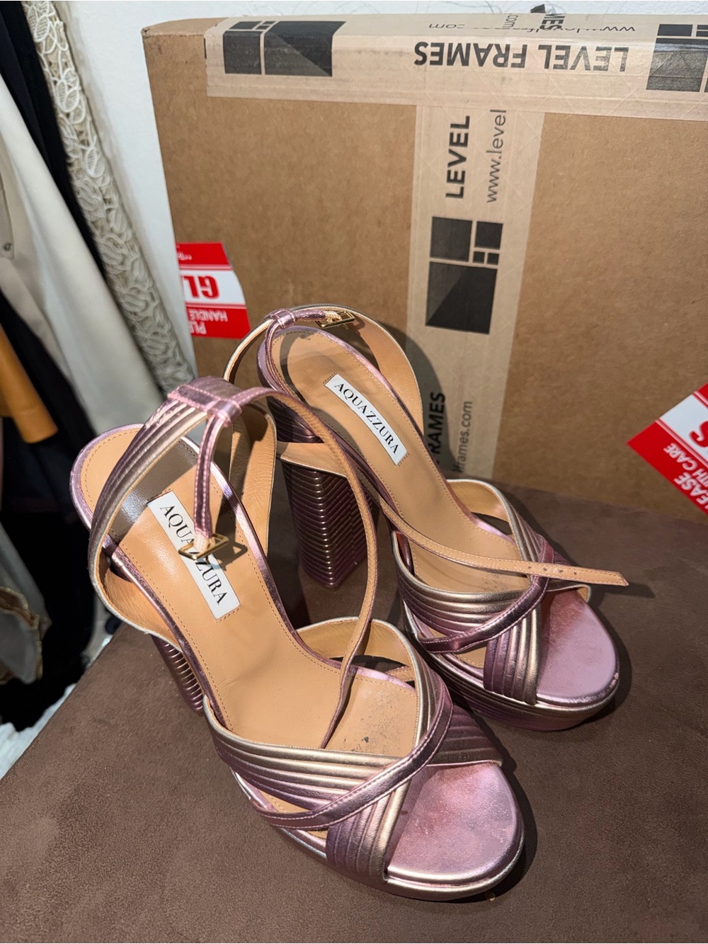 Aquazzura Metallic Rose Strappy Platform Heels